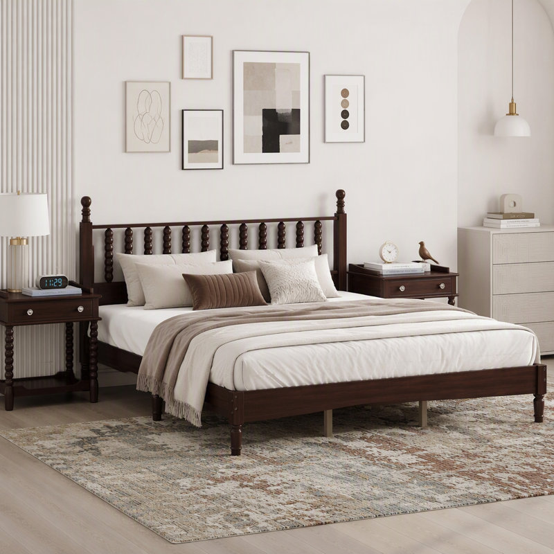 Lit plateforme en bois avec tête de lit en forme de gourde, Très grand lit, Noyer