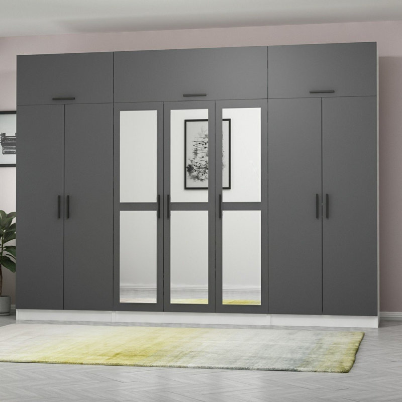 Elina 7 Door Manufactured Wood Wardrobe, 255cm H x 315cm W x 52cm D, Gray