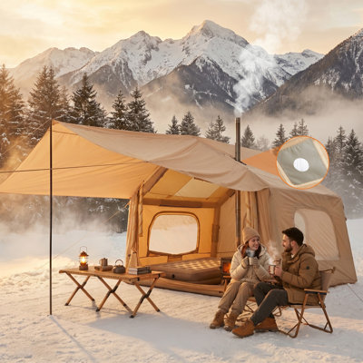 Tente de camping gonflable à montage rapide pour 6 personnes – Grand abri extérieur avec auvent – ​​Gonflage facile – Dimensions : 8 pieds carrés