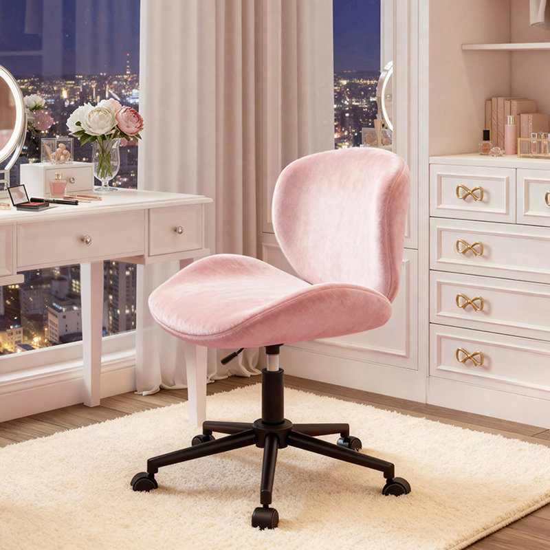 Chaise de bureau pivotante sans accoudoirs avec siège ergonomique en U et roues silencieuses, Rose