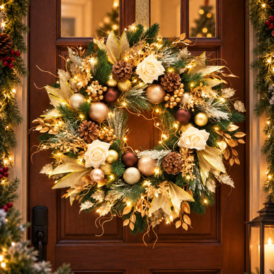 Couronne de Noël de 24 po pour la porte d'entrée avec lumières, or et couronne de pommes de pin pour décoration intérieure et extérieure