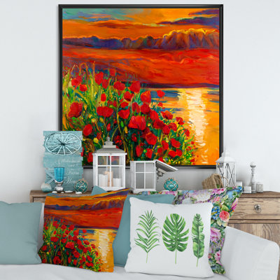 " Red Poppies By The Ocean During Sunset " Painting Print