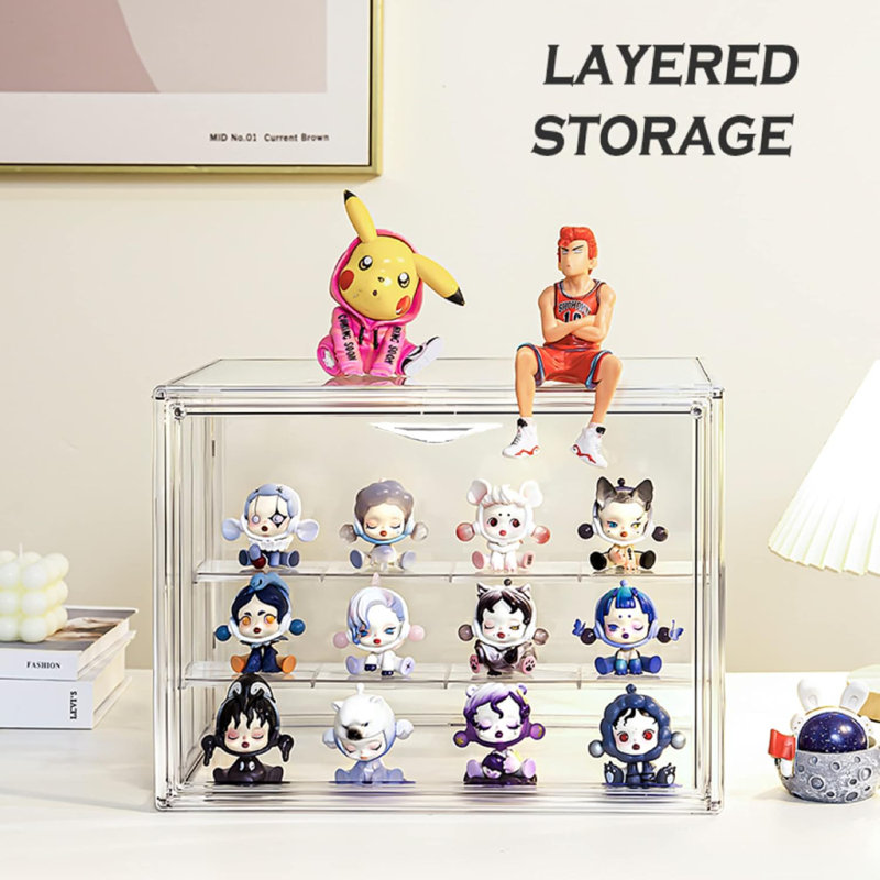 Clear Acrylic Display Case,3 Tier Display Shelf With 2 Movable Plate, Stackable Protection Showcase For Action Figures, Display Storage Box Countertop With Magnetic Door