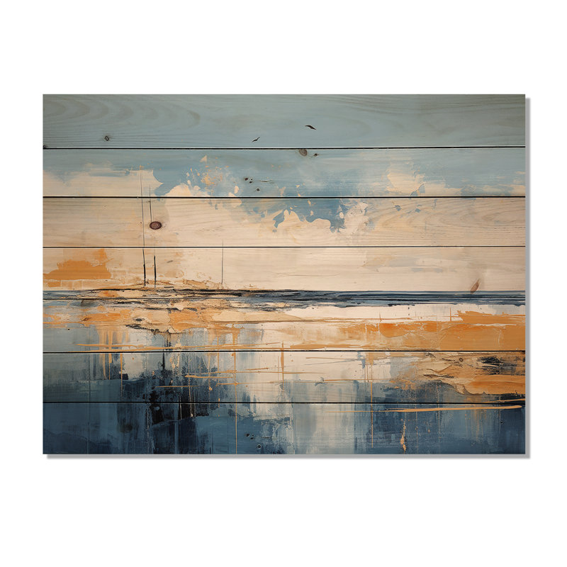 «Blue and Yellow Seaside Simplicity I» - Minimalisme côtier sur bois, H 10 po x l 20 po x P 0,78 po