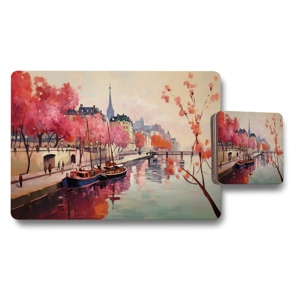 Riverside Cityscape Placemats And Coasters Set With Pink Trees