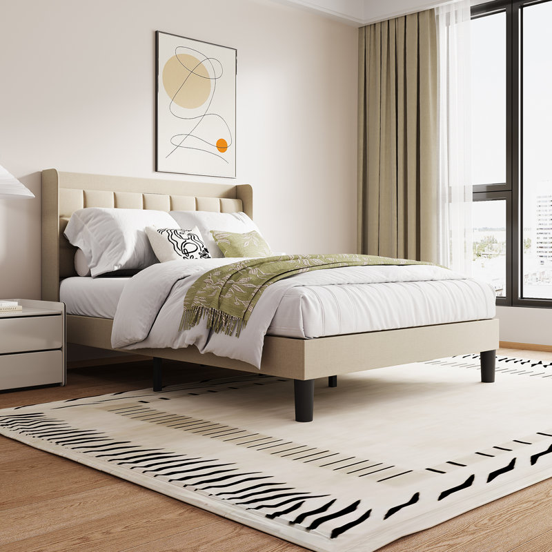 Modern Linen Upholstered Bed Frame with USB Charging Station, Double (4'6), Beige