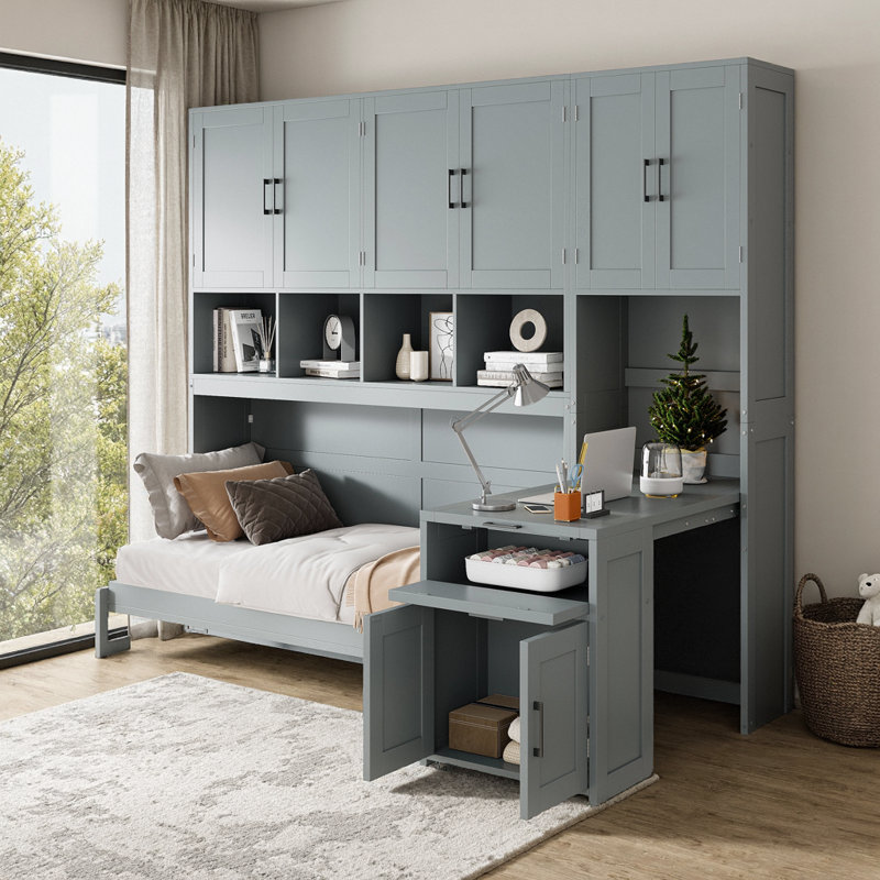 Lit escamotable simple avec tiroirs et bureau, Gray