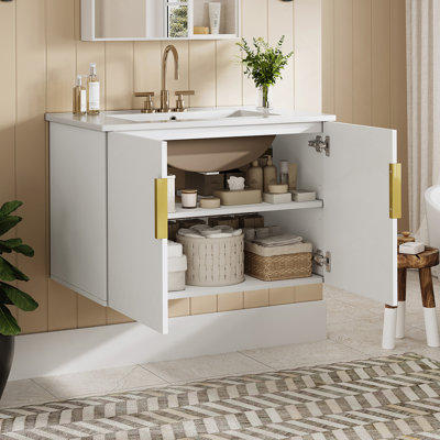 30 Inch Vintage Bathroom Vanity With Ceramic Sink And Storage, Durable MDF And Solid Wood Construction, Ideal For Modern Bathrooms