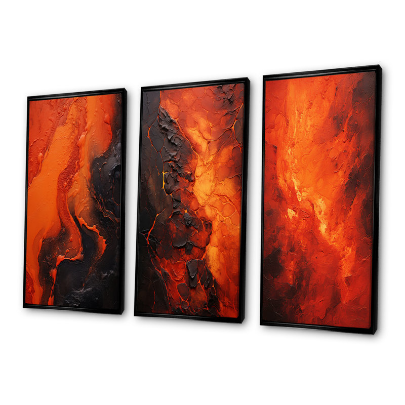 Volcanic Tachisme Fusion I - Tachisme, ensemble de 3 impressions sur toile, Cadre flottant noir, H 40 po x l 60 po