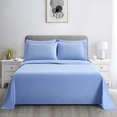 Marina Decoration Home Bedding Bedroom essentials Bedsheet Ultra Soft Silky Deep Pocket Solid Cooling Rayon from Bamboo All Season Pleated 6 Pieces Sheet Set with 4 Pillowcases, Light Blue Colour Queen Size
