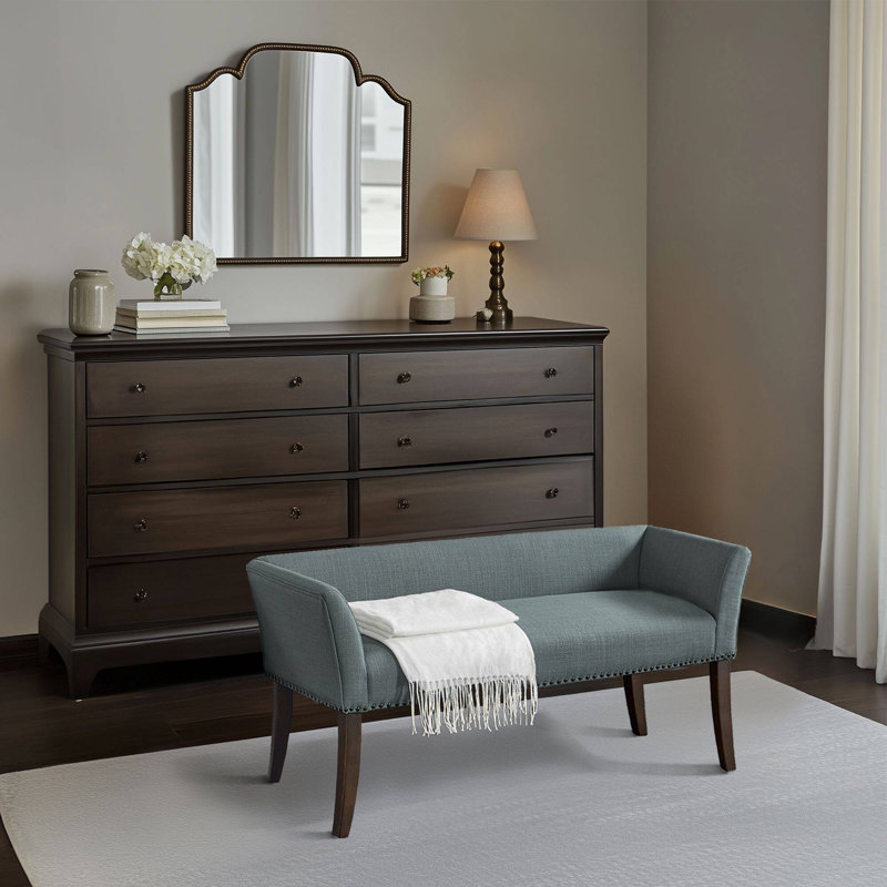 Alfordsville 49.5” Wide Upholstered Nailhead Bench, Slate Blue/Dark Walnut