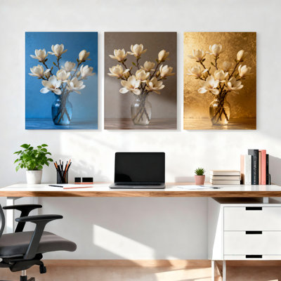 Fleurs de magnolia dans un vase tendu sur toile, ensemble de 3 reproductions de peintures à l'huile pour salon