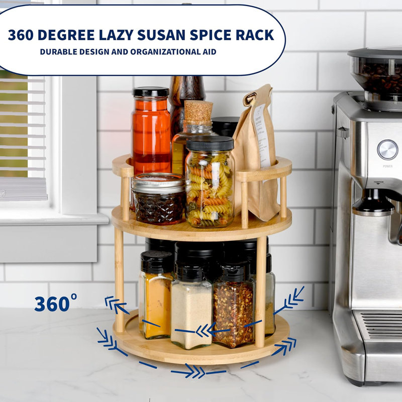 Wooden Rotating Spice Rack - 2 Tier Lazy Susan - 360 Degree Spinning Revolving Turntable Organizer Rack For Kitchen Countertop, Pantry