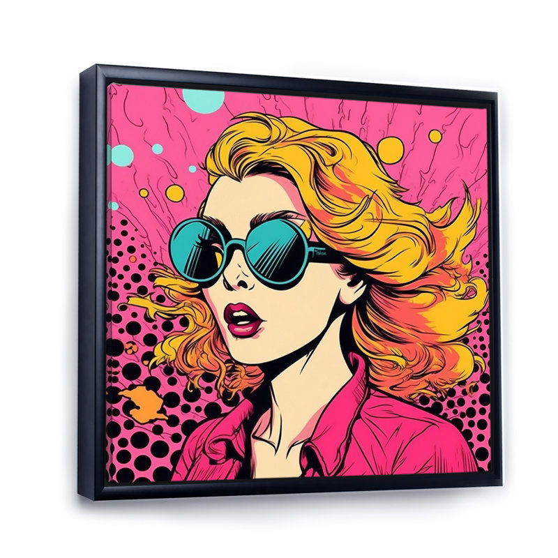 1950s Pop Art, portrait de femme rose I - impressions sur toile de célébrités, Cadre flottant noir
