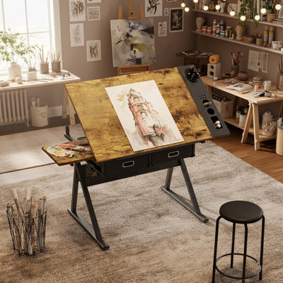 Adjustable Drafting Table Desk With 2 Drawers And Stool, Maple