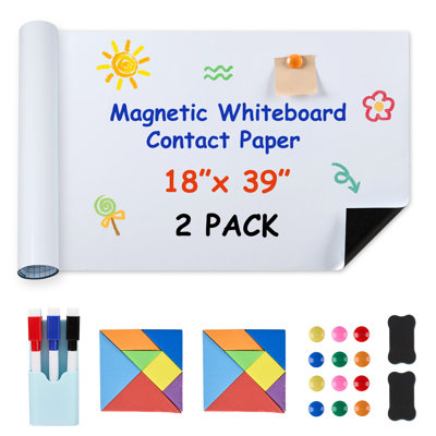 Lot de 2 feuilles d'autocollants muraux magnétiques effaçables à sec, en PET autocollant, réutilisables et inscriptibles, pour bureau, école et maison, 45,7 x 99,1 cm (18 x 39 pouces).