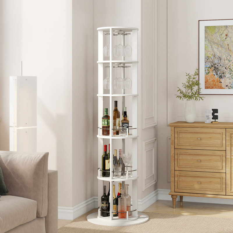 Vintner 73" Tall Freestanding Round Rotating Wine Rack with 3-Tier Shelf, White
