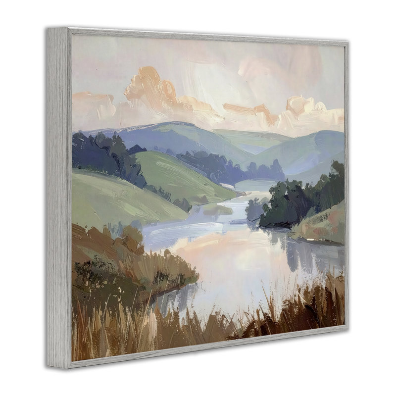 Giclée encadrée de montagnes lointaines, conception par Alonza Saunders, H 11 po x l 14 po, Giclée de ferme grise encadrée