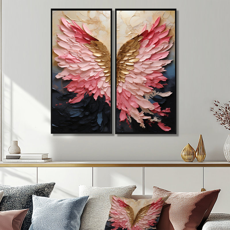 «Pink and Gold Angel Wings» - Art mural sur toile rose, H 20 po x l 24 po, Impression encadrée flottante, Noir