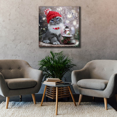 «Grey Cat In A Red Cap And A Snowman In A Snowball» par Kajenna Art, art mural sur toile, 37 po x 37 po