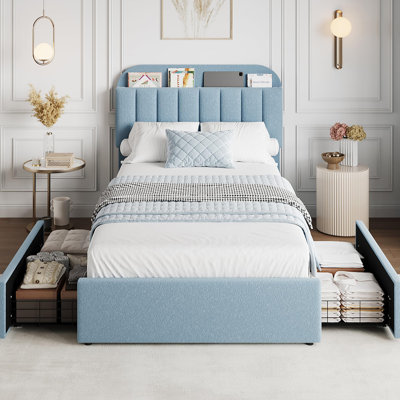 Boucle Upholstered Platform Bed Frame with Storage Bookcase Headboard, 2 Underbed Drawers, Noise-Free, No Box Spring Needed, Easy Assembly - Twin, Blue