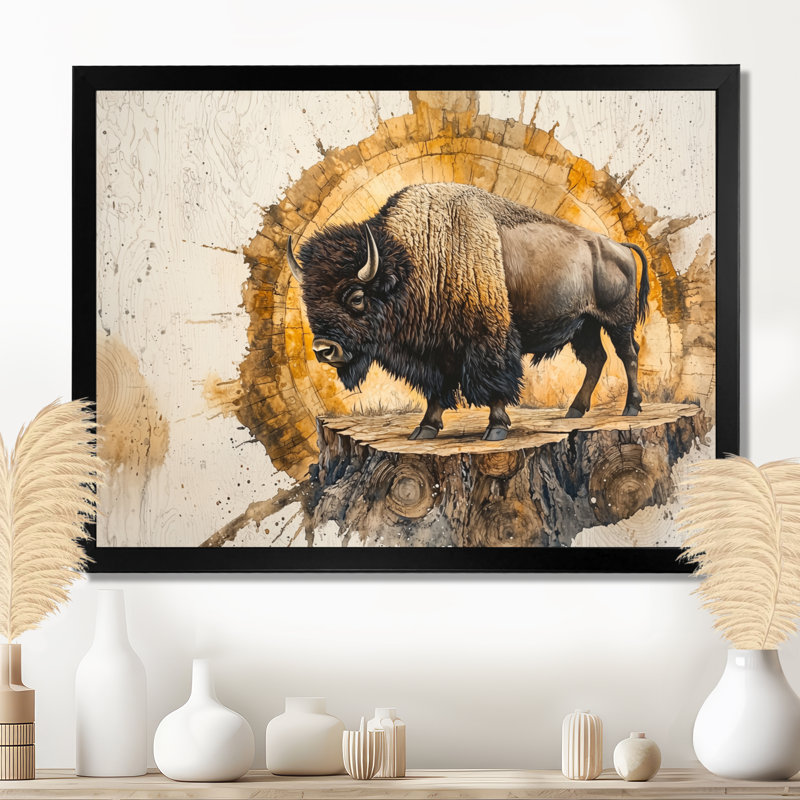 Portrait de bison américain Mareda sur glissade sur bois - décoration murale bison, H 24 po x l 32 po, Avec cadre