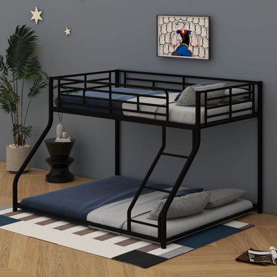 Twin XL Over Queen Bunk Bed With Ladder & Safety Guardrail, Metal Floor Bunk Bed