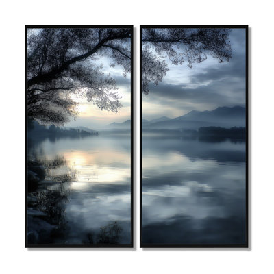 «Serene Lake At Dawn With First Light», art mural sur lac, paysage bleu, 2 pièces