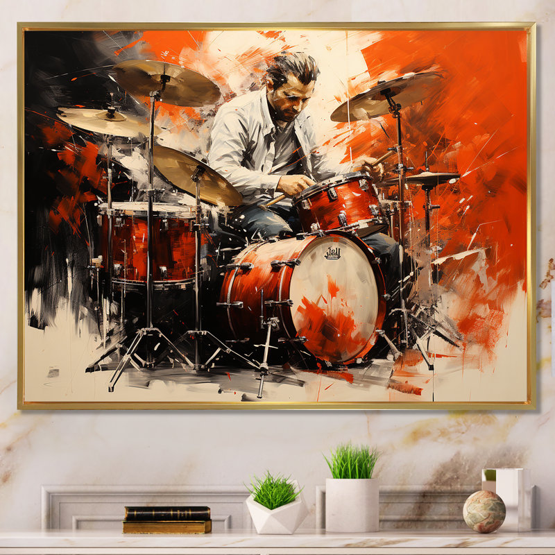 Deep Red Drum Beat, peinture I - musique, art mural, Cadre flottant doré, H 16 po x l 32 po x P 1 po