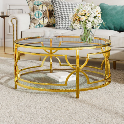 Table basse ronde en verre trempé de 30,7 po, structure en métal géométrique luxueuse, finition dorée et tablette inférieure, transparent