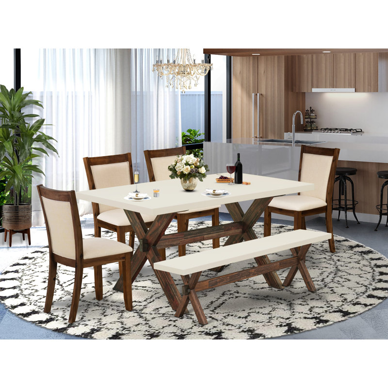 Cet ensemble de salle à manger 5 pièces comprend une table de salle à manger rectangulaire avec des pieds en X et 4 chaises Parson rembourrées en lin beige clair