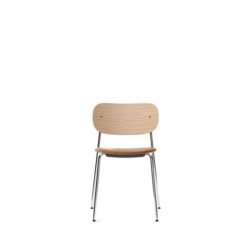 Co Upholstered Dining Chair, Brown Leather, Chrome, Natual Oak