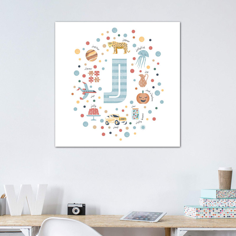 Lettre illustrée J bleue - impression, Toile tendue, Pas de tapis, H 12 po x l 12 po x P 0,75 po