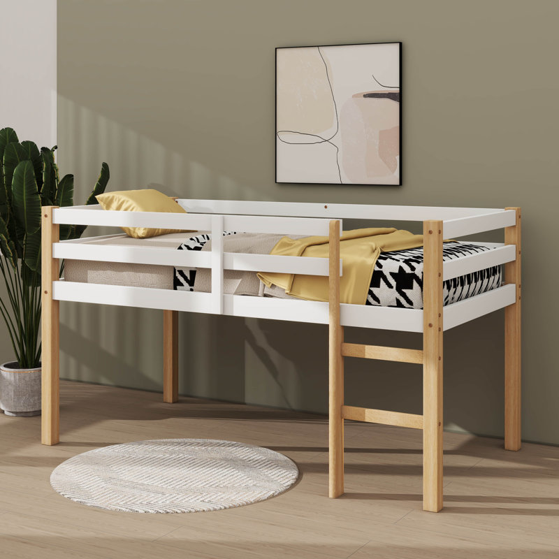 Twin Loft Bed With Guardrails And Ladder, Natural-white