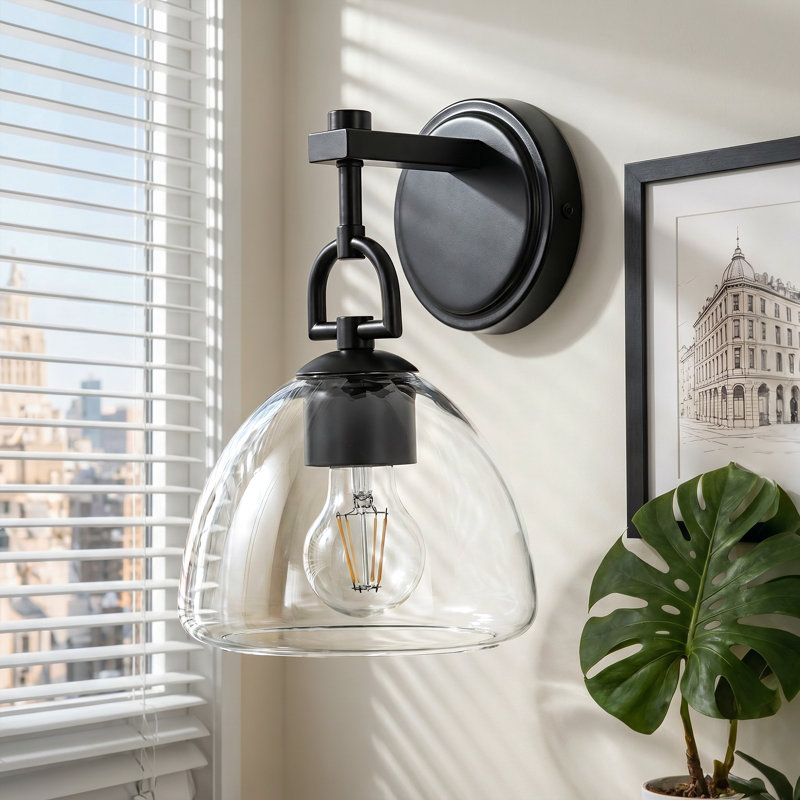 1-Light Modern Wall Sconce With Hemispherical Clear Glass Shade, Matte Black