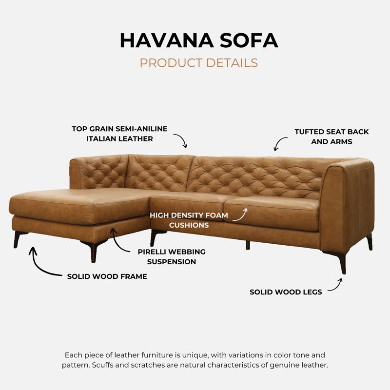 Havana Moishe Modern Tufted Genuine Leather Sectional Sofa, Left Hand Facing