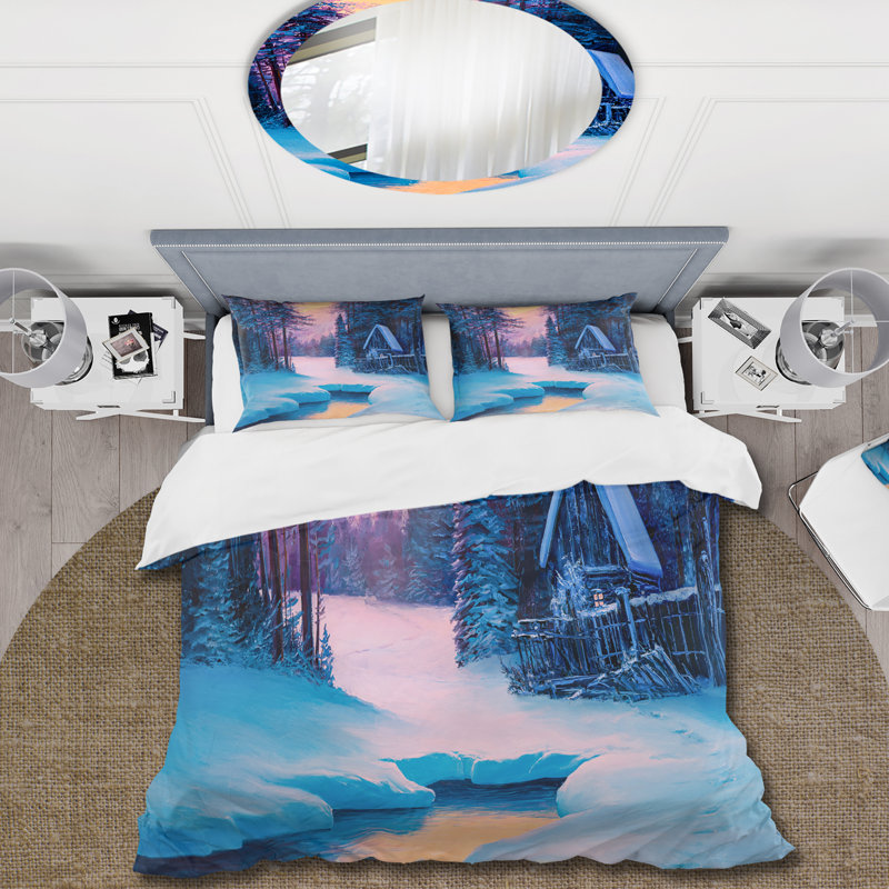 Winter Landscape & The River House In The Woods II - Ensemble de housse de couette Country - Microfibre de polyester