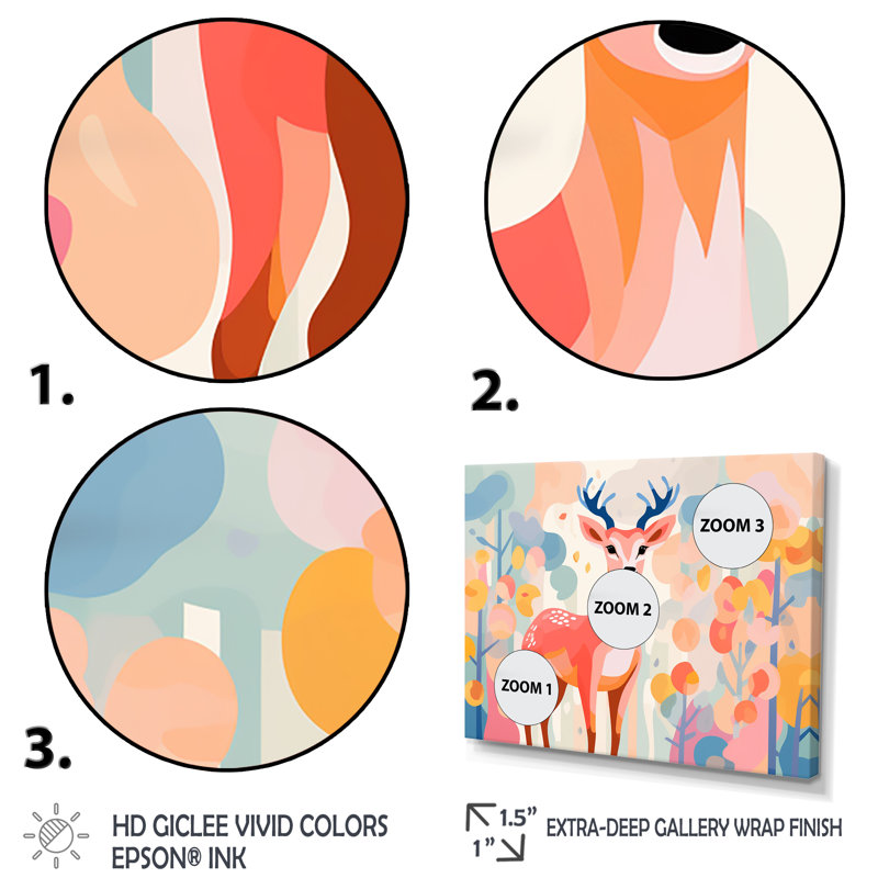 Art floral mural, cerf rose, H 24 po x l 32 po x P 1 po, Cadre flottant blanc