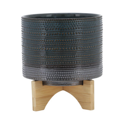 Jardinière en céramique 8 po avec plateforme en bois - Polyvalente pour le jardin et le salon