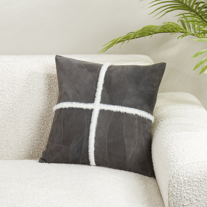 Distinctive Patchwork Leather Down Filled Pillow, Gris, Sans insert de coussin