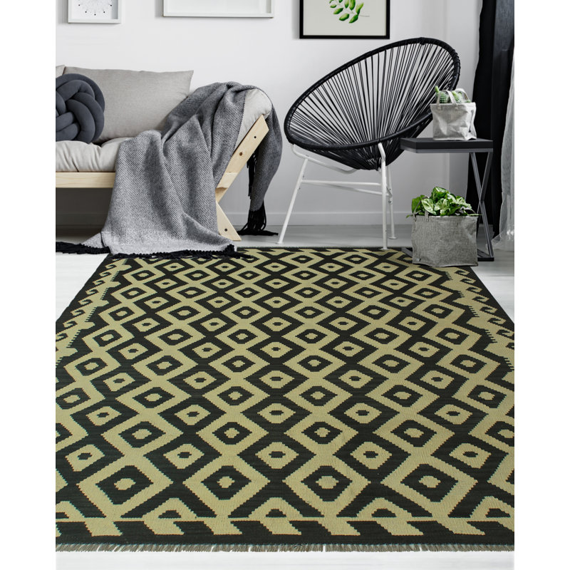 Tapis noir / beige en laine noué à la main de conception unique 5 pi x 6 pi 4 po Janavia
