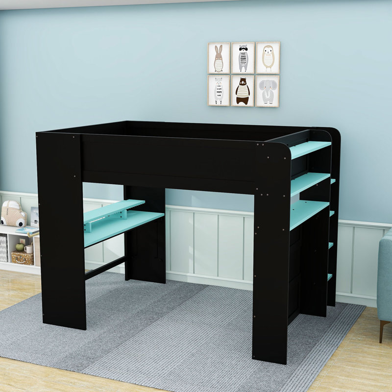 Lit mezzanine double avec bureau et éclairage RVB, Blue