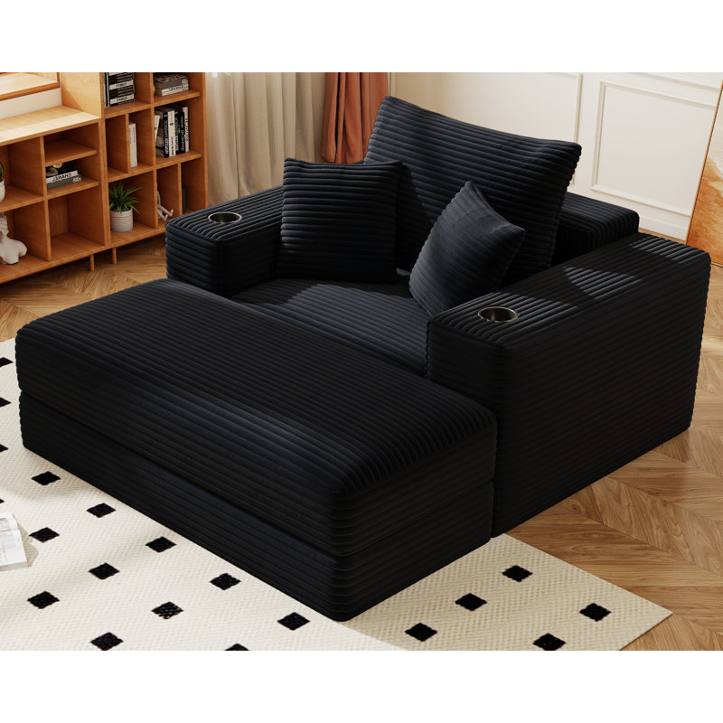 62" Big Compression Upholstered Chaise Lounge Cloud Boneless Sofa Bed Corduroy Bean Bag Chair with Ottoman, Black Corduroy