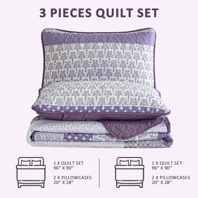 3-Piece Bohemian Patchwork Quilt Set Lightweight Microfiber Bedding Set for All Seasons, Queen Quilt + 2 Queen Pillowcases