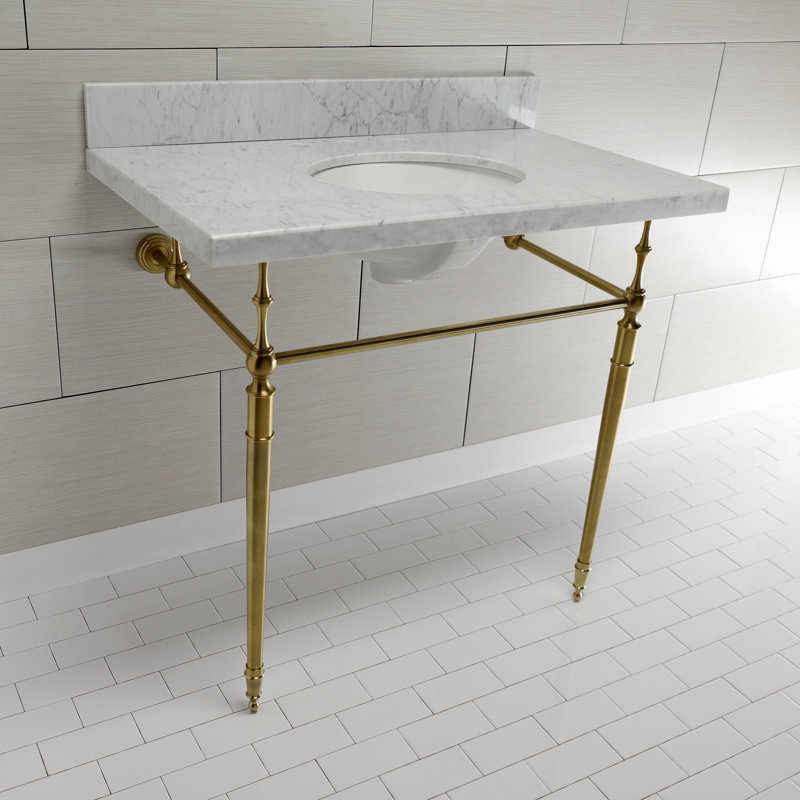 Lavabo de salle de bain console rectangulaire en céramique avec trop-plein Edwardian, Marbre blanc / laiton brossé