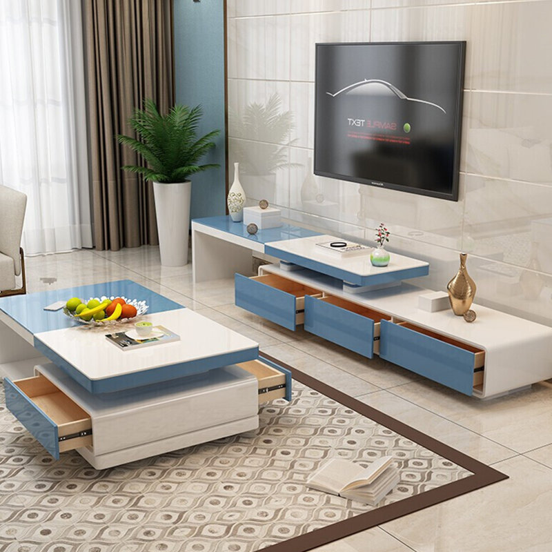 Meuble télé réglable avec plateau en verre trempé