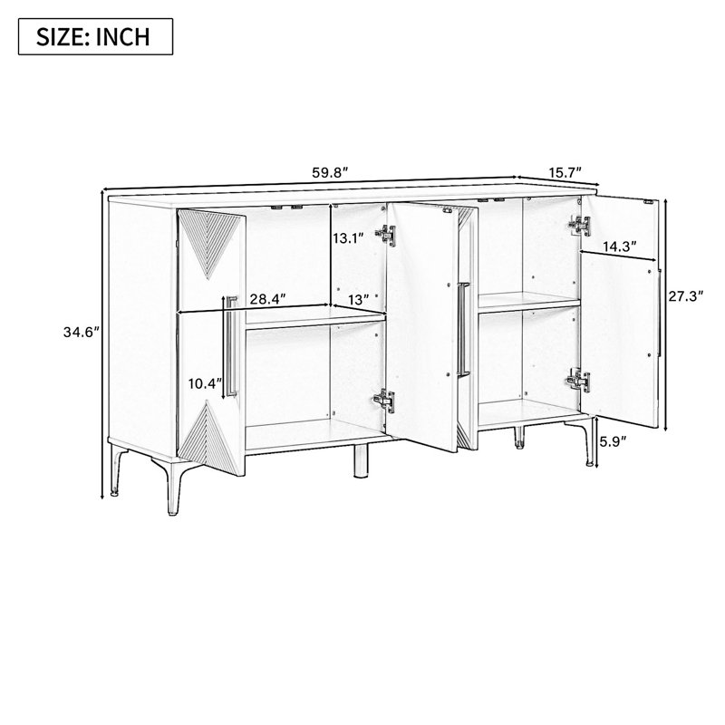 Unique Four-Door Cabinet With Two-Tone Triangular Pattern Doors, Entryway Cabinet, Black/White
