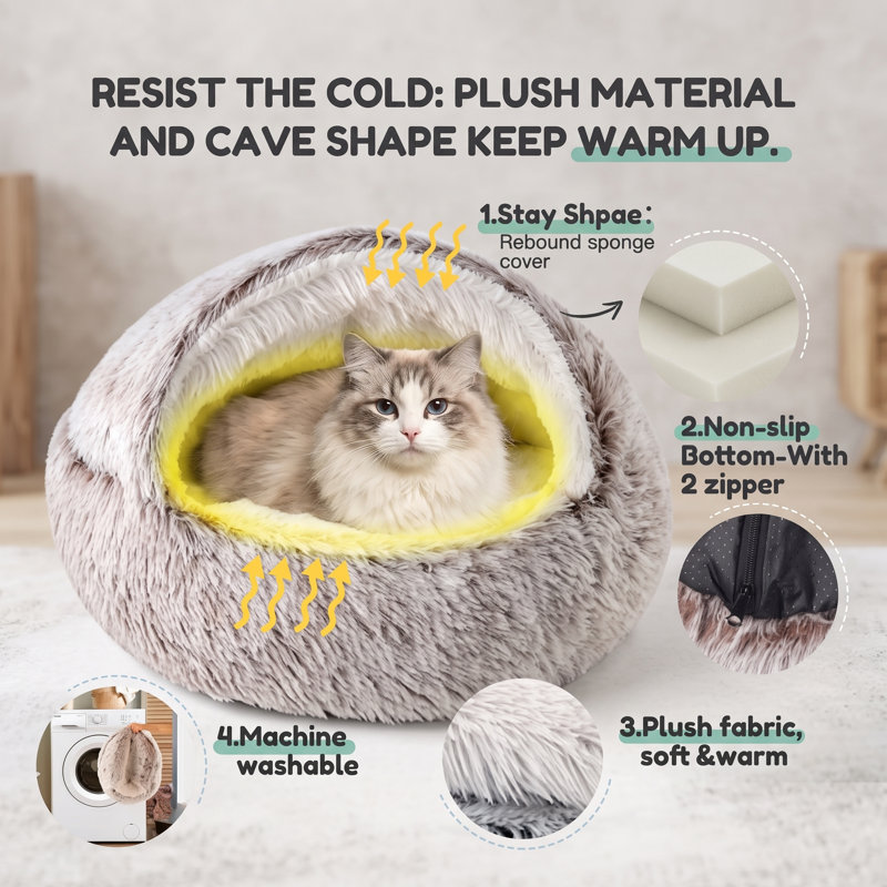 Nid fermé à capuchon pour chats d'intérieur, grotte douillette et chaude en peluche, coussin amovible et lavable avec base antidérapante