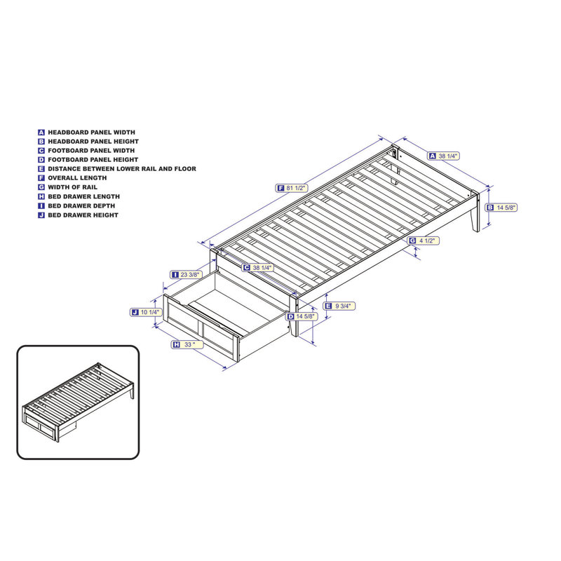 Lit plateforme avec rangement en bois massif Aayanna, Simple TG, Gris