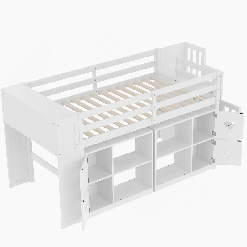 Lit mezzanine simple simple avec tablettes, tête de lit et escalier de couleur blanche, Blanc